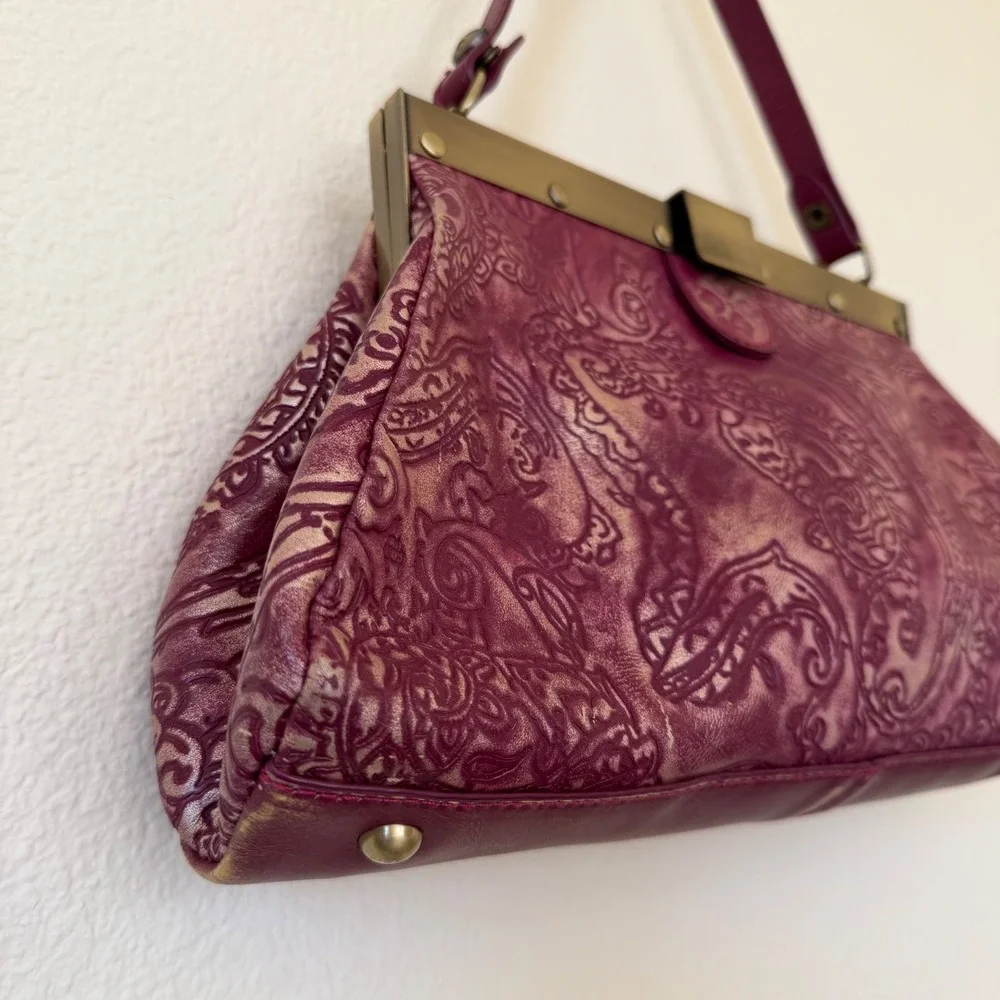 Kisslock Shoulder Bag Tooled Leather Paisley Purple Gold Satchel Boho Whimsygoth - Picture 9 of 9
